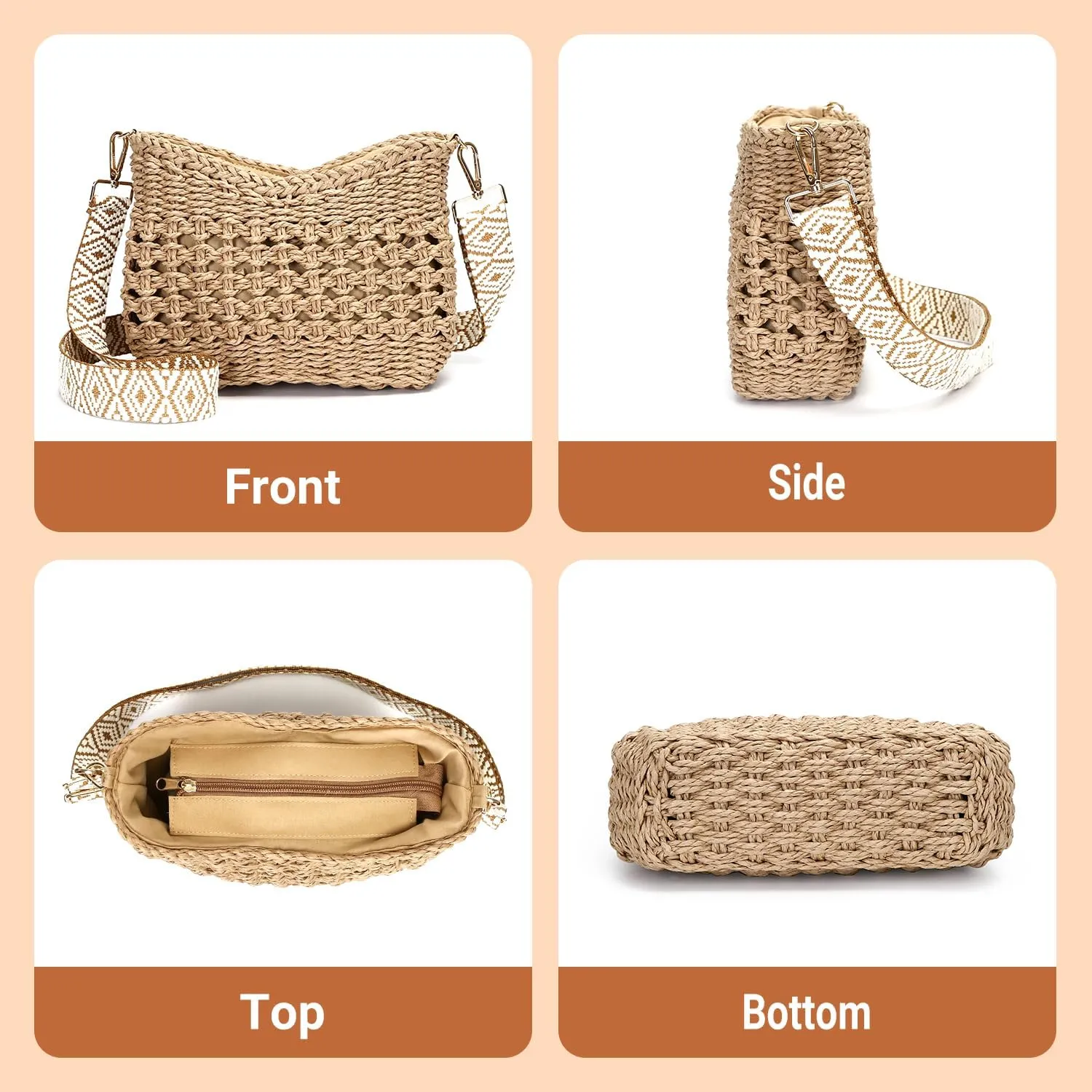 Herald Small Handmade Straw Pocketbook Crossbody Bag for Women, Summer Chic Woven Handbag Shoulder Purse with Chain