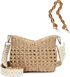 Herald Small Handmade Straw Pocketbook Crossbody Bag for Women, Summer Chic Woven Handbag Shoulder Purse with Chain