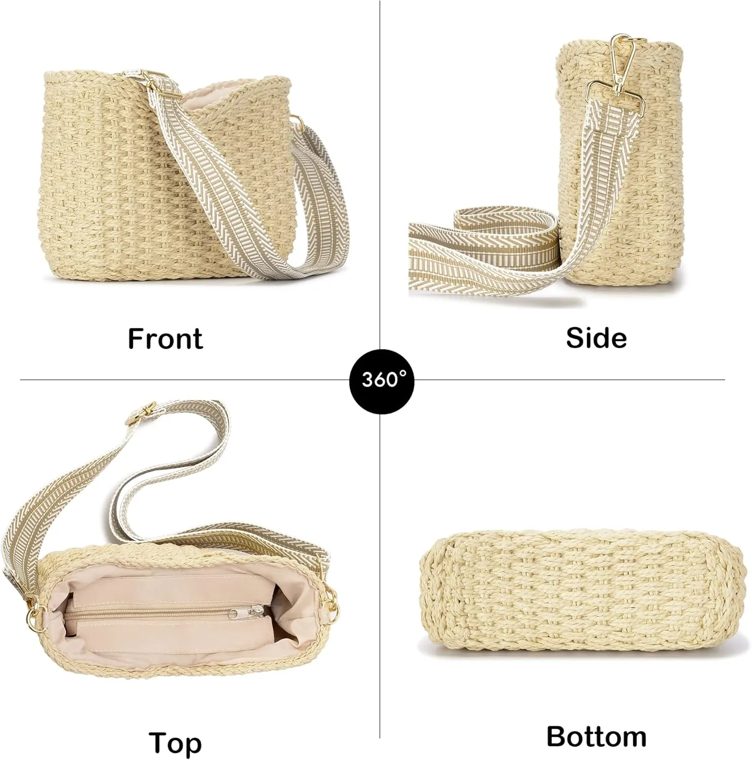 Herald Small Handmade Straw Pocketbook Crossbody Bag for Women, Summer Chic Woven Handbag Shoulder Purse with Chain