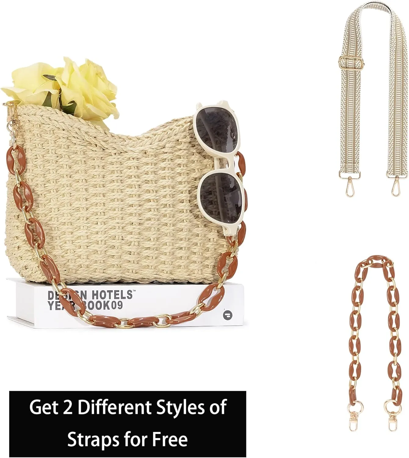 Herald Small Handmade Straw Pocketbook Crossbody Bag for Women, Summer Chic Woven Handbag Shoulder Purse with Chain