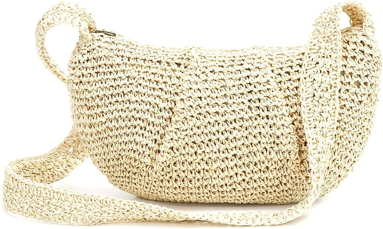 Herald Small Pleated Dumpling Straw Woven Crossbody Bag for Women, Ruched Handmade Summer Beach Shoulder Purse Handbag