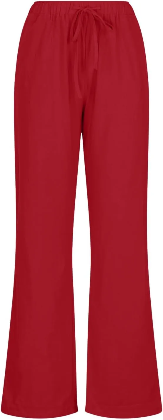 hlysgo Cotton Linen Pants Women High Waist Drawstring Wide Leg Casual Pants 2025 Summer Loose Comfy Beach Pants with Pockets