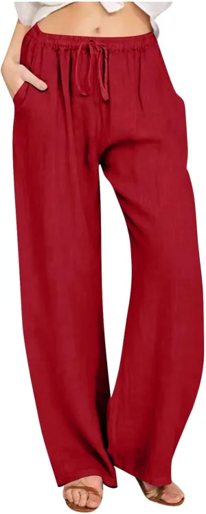 hlysgo Cotton Linen Pants Women High Waist Drawstring Wide Leg Casual Pants 2025 Summer Loose Comfy Beach Pants with Pockets