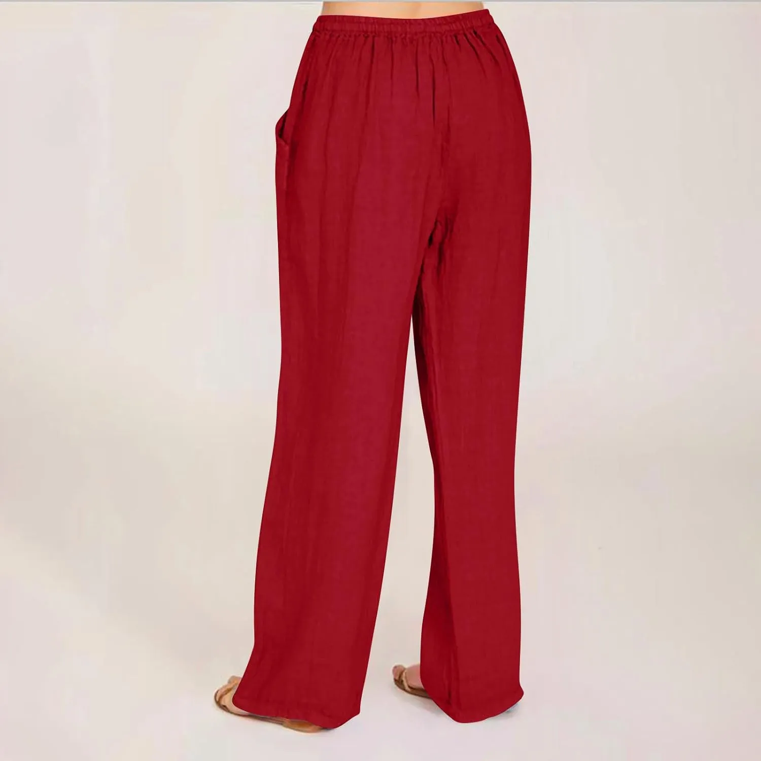 hlysgo Cotton Linen Pants Women High Waist Drawstring Wide Leg Casual Pants 2025 Summer Loose Comfy Beach Pants with Pockets
