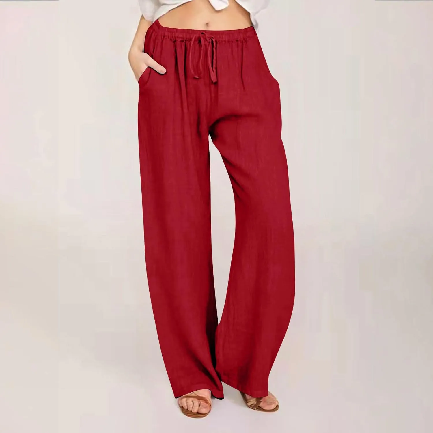 hlysgo Cotton Linen Pants Women High Waist Drawstring Wide Leg Casual Pants 2025 Summer Loose Comfy Beach Pants with Pockets