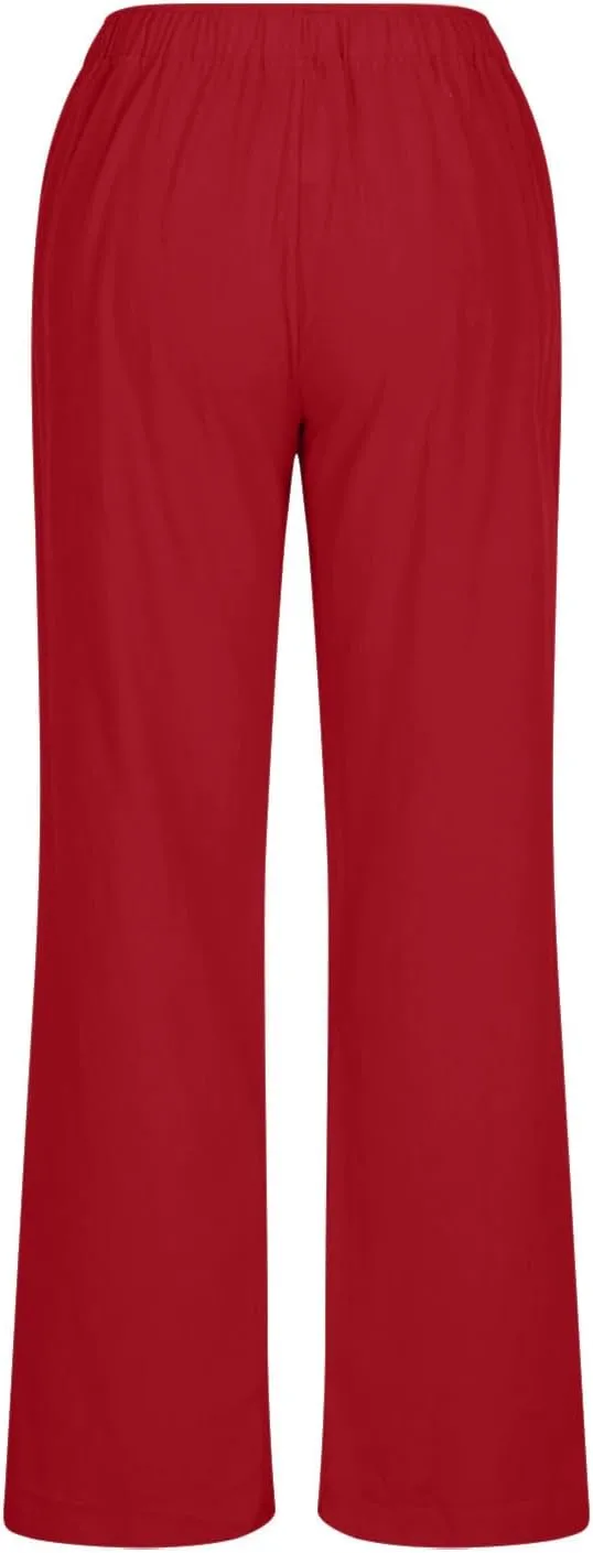 hlysgo Cotton Linen Pants Women High Waist Drawstring Wide Leg Casual Pants 2025 Summer Loose Comfy Beach Pants with Pockets