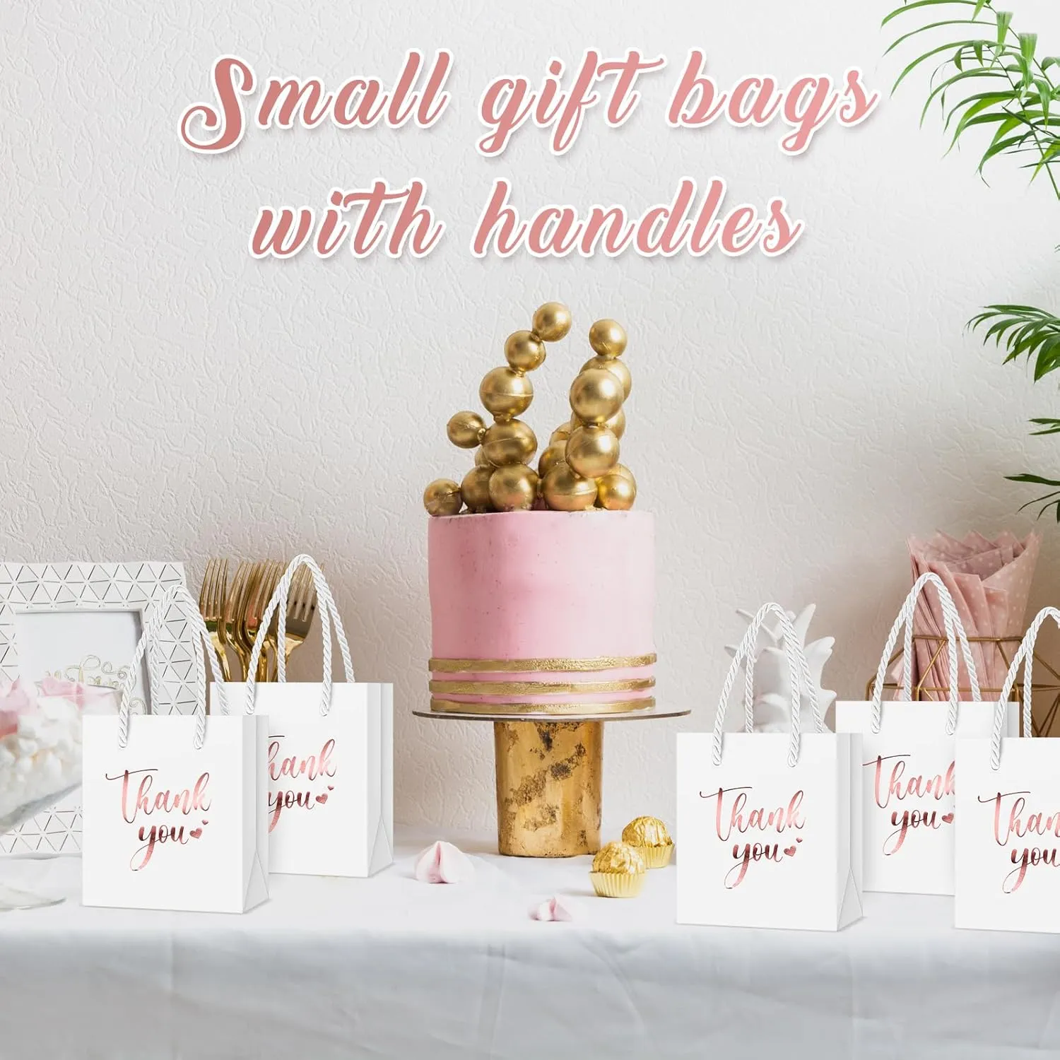 Honoson 60 Pcs Mini Gift Bag with Handle 4 x 2.75 x 4.5'' Small Thank You Paper Foil Gift Bag for Wedding Birthday Party Favor(Rose Gold and White)