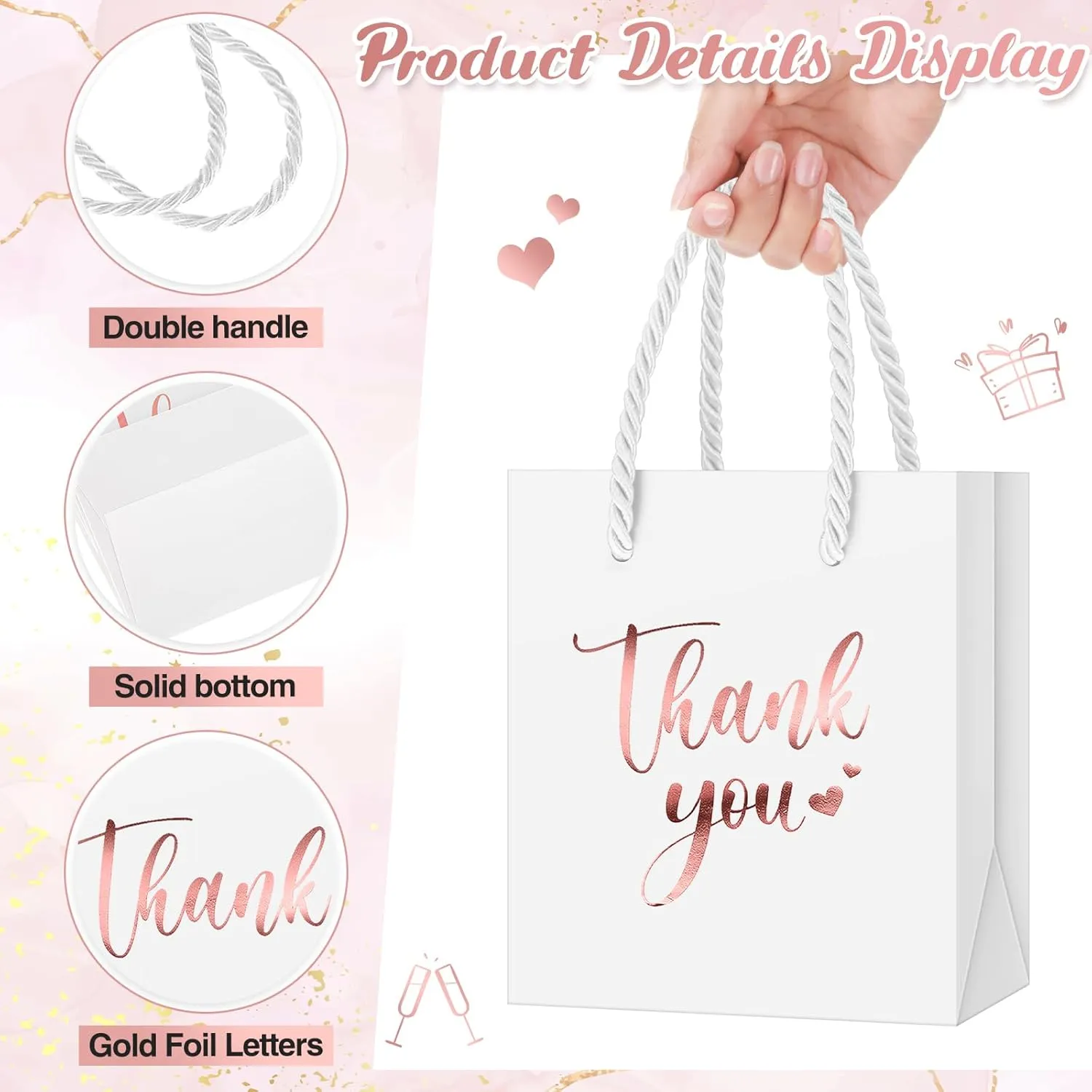 Honoson 60 Pcs Mini Gift Bag with Handle 4 x 2.75 x 4.5'' Small Thank You Paper Foil Gift Bag for Wedding Birthday Party Favor(Rose Gold and White)