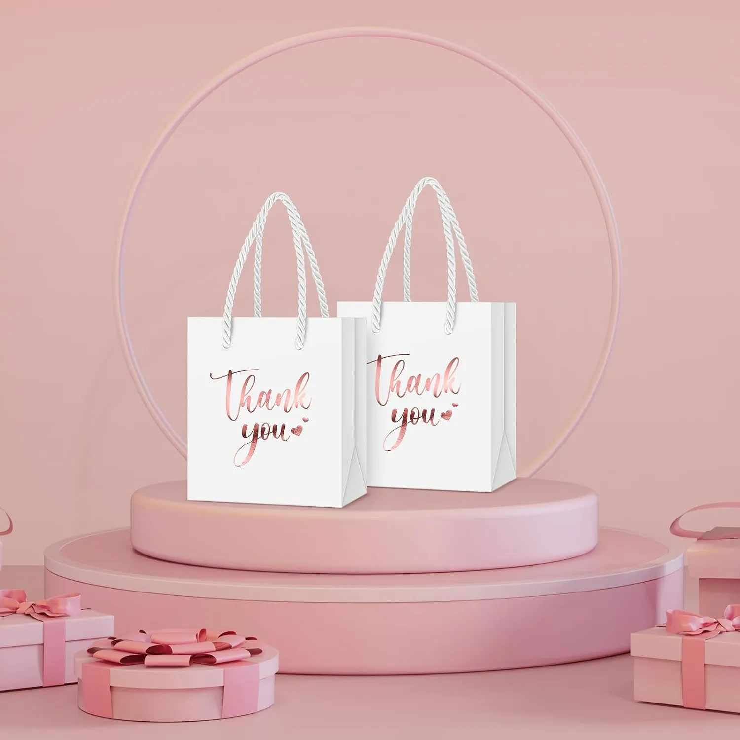 Honoson 60 Pcs Mini Gift Bag with Handle 4 x 2.75 x 4.5'' Small Thank You Paper Foil Gift Bag for Wedding Birthday Party Favor(Rose Gold and White)