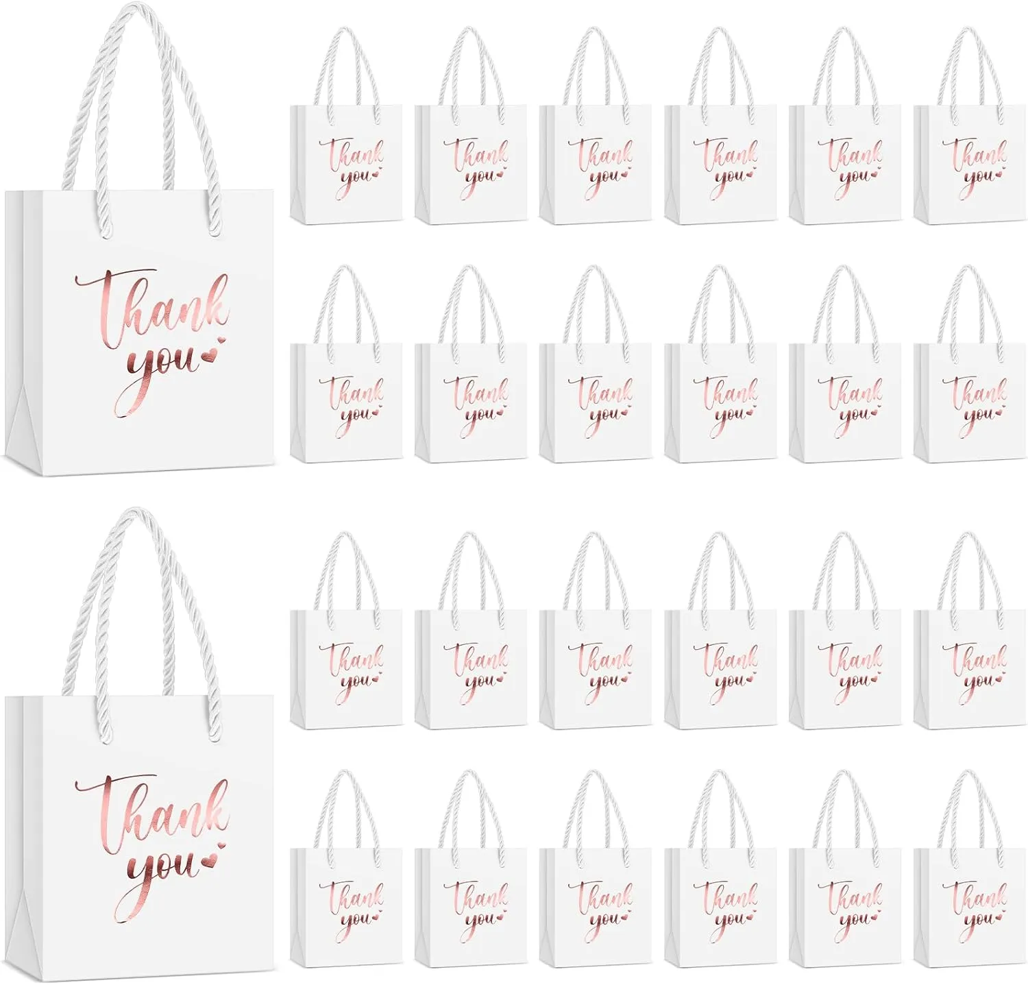Honoson 60 Pcs Mini Gift Bag with Handle 4 x 2.75 x 4.5'' Small Thank You Paper Foil Gift Bag for Wedding Birthday Party Favor(Rose Gold and White)