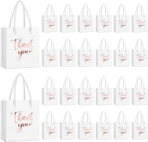 Honoson 60 Pcs Mini Gift Bag with Handle 4 x 2.75 x 4.5'' Small Thank You Paper Foil Gift Bag for Wedding Birthday Party Favor(Rose Gold and White)