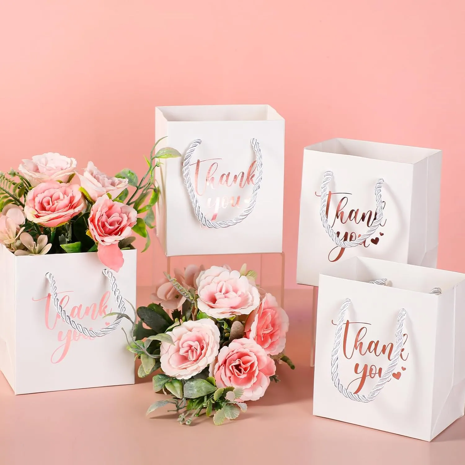 Honoson 60 Pcs Mini Gift Bag with Handle 4 x 2.75 x 4.5'' Small Thank You Paper Foil Gift Bag for Wedding Birthday Party Favor(Rose Gold and White)