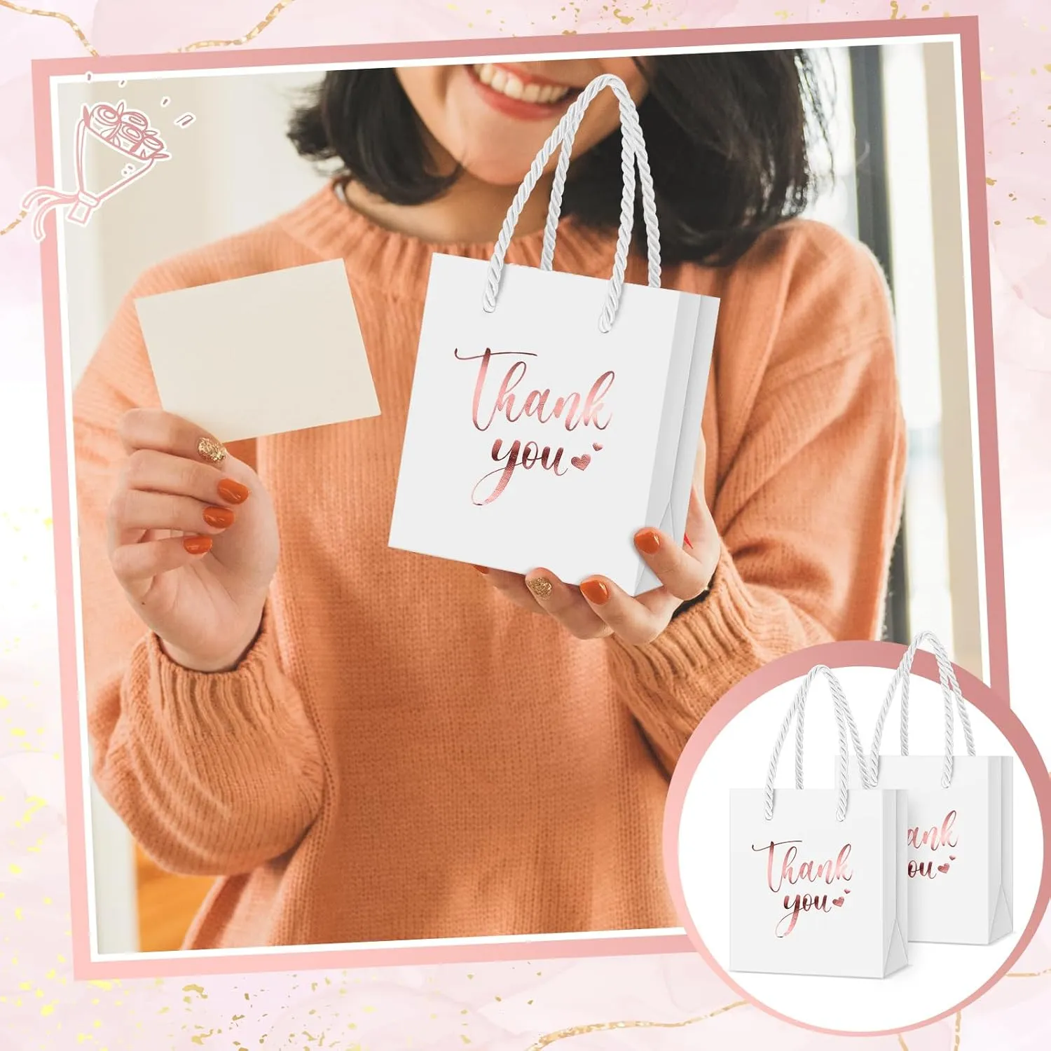 Honoson 60 Pcs Mini Gift Bag with Handle 4 x 2.75 x 4.5'' Small Thank You Paper Foil Gift Bag for Wedding Birthday Party Favor(Rose Gold and White)