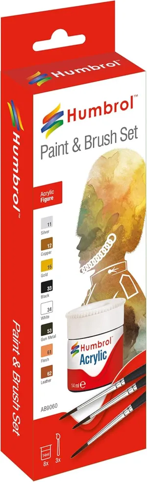 Humbrol AB9060 Acrylic Figure Painting Set - 8 x 14ml 3 x Brush