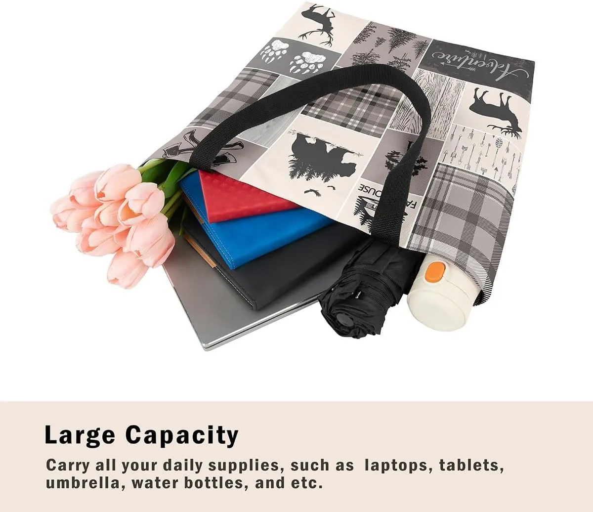 Hunting Bear Deer Canvas Tote Bag Camping Tote Bag Elk Animal Shopping Grocery Bags