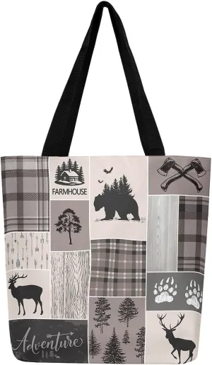 Hunting Bear Deer Canvas Tote Bag Camping Tote Bag Elk Animal Shopping Grocery Bags