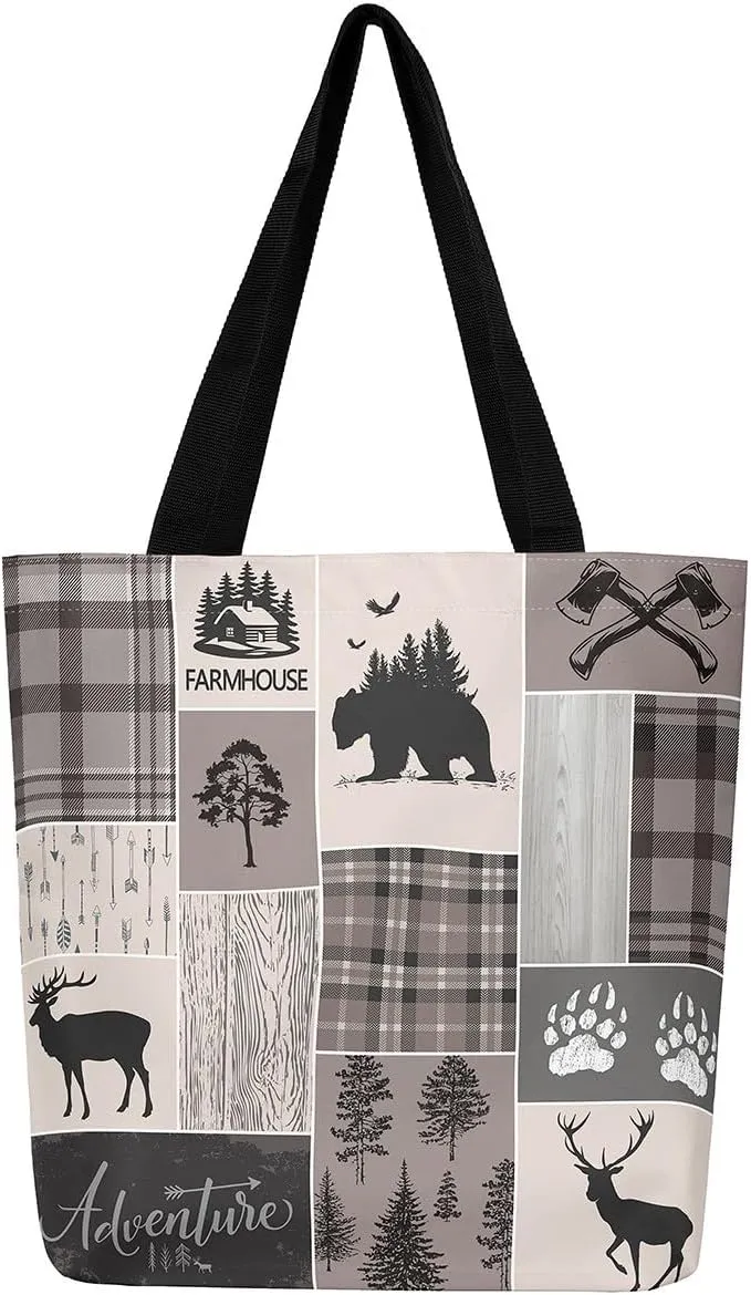 Hunting Bear Deer Canvas Tote Bag Camping Tote Bag Elk Animal Shopping Grocery Bags