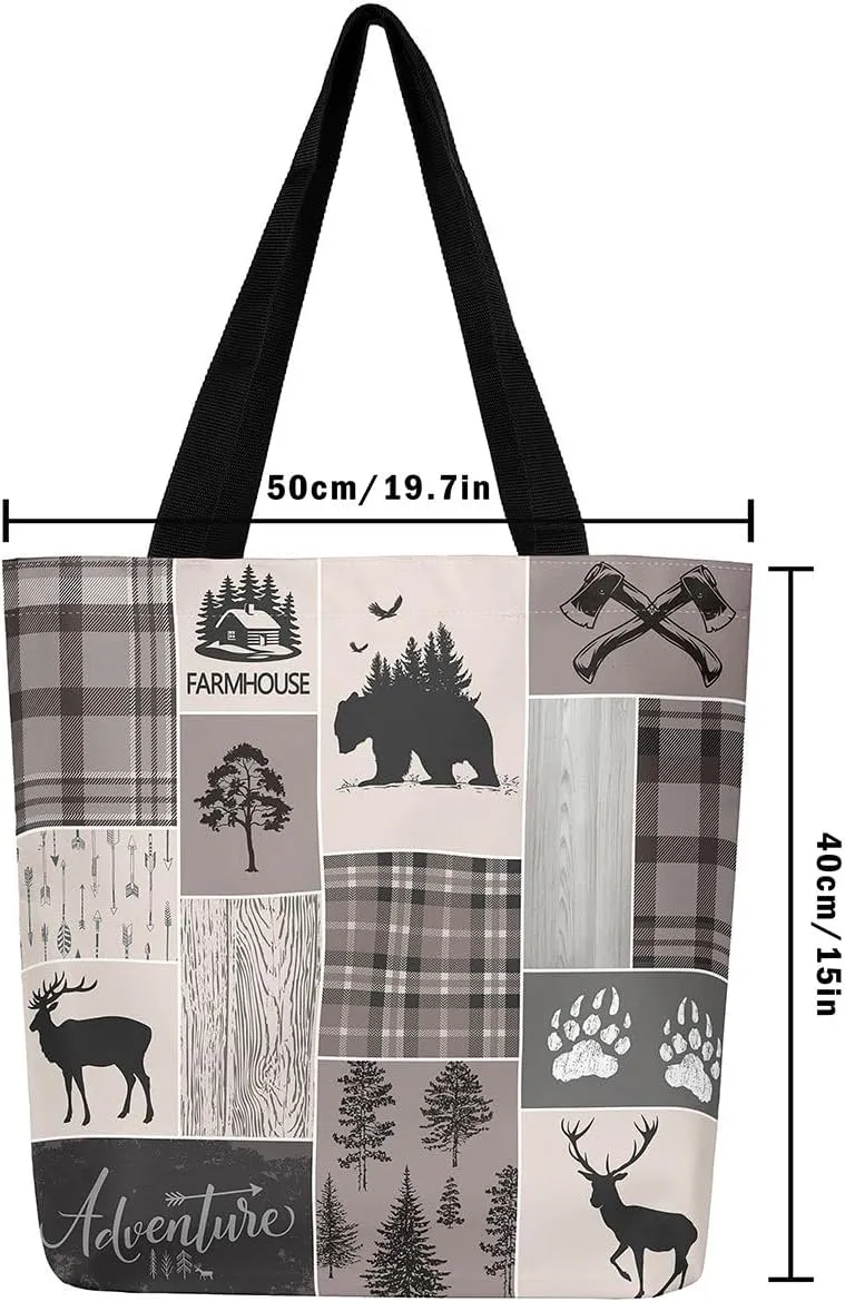 Hunting Bear Deer Canvas Tote Bag Camping Tote Bag Elk Animal Shopping Grocery Bags