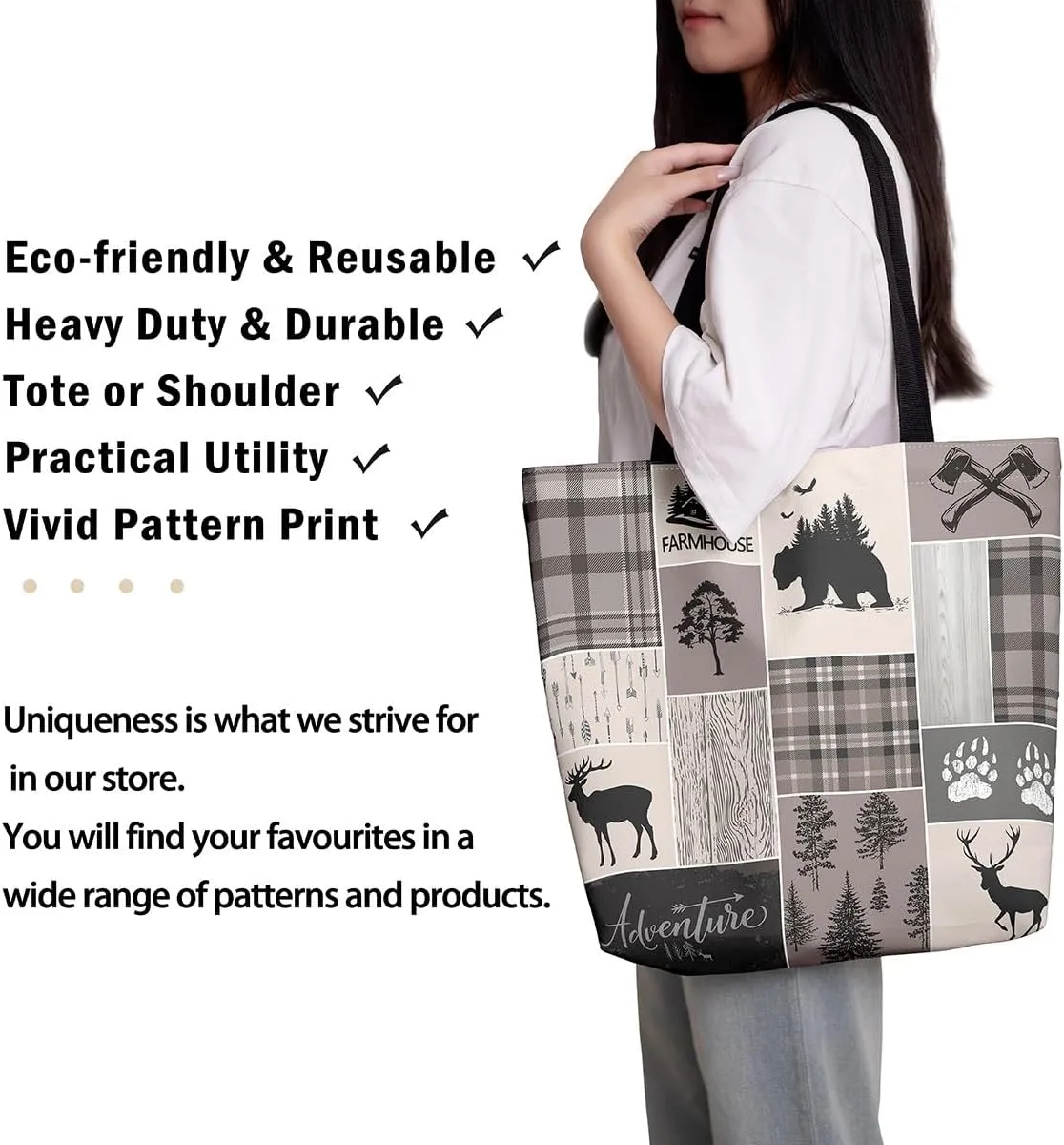 Hunting Bear Deer Canvas Tote Bag Camping Tote Bag Elk Animal Shopping Grocery Bags