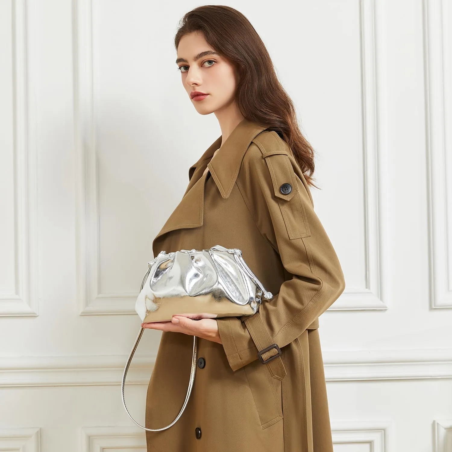 Huralona Dressy Pleated Vegan Leather Clutch Ruched Bag Purse Metallic PU Clutch Cloud Dumpling Bag for Women