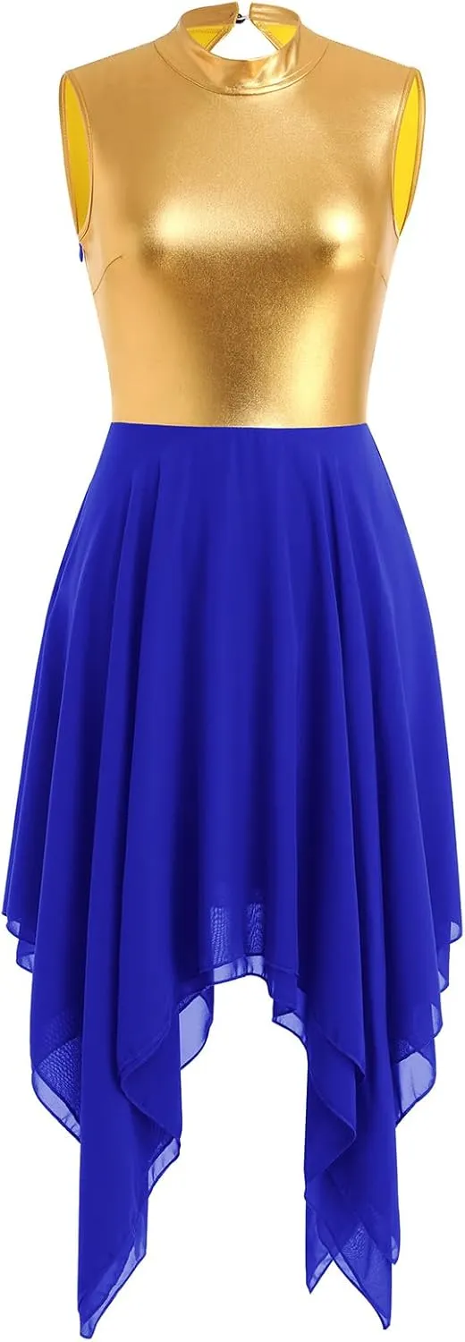 IBAKOM Praise Dance Dress for Women Gold Metallic Chiffon Asymmetric Skirt Lyrical Contemporary Dance Liturgical Overlays