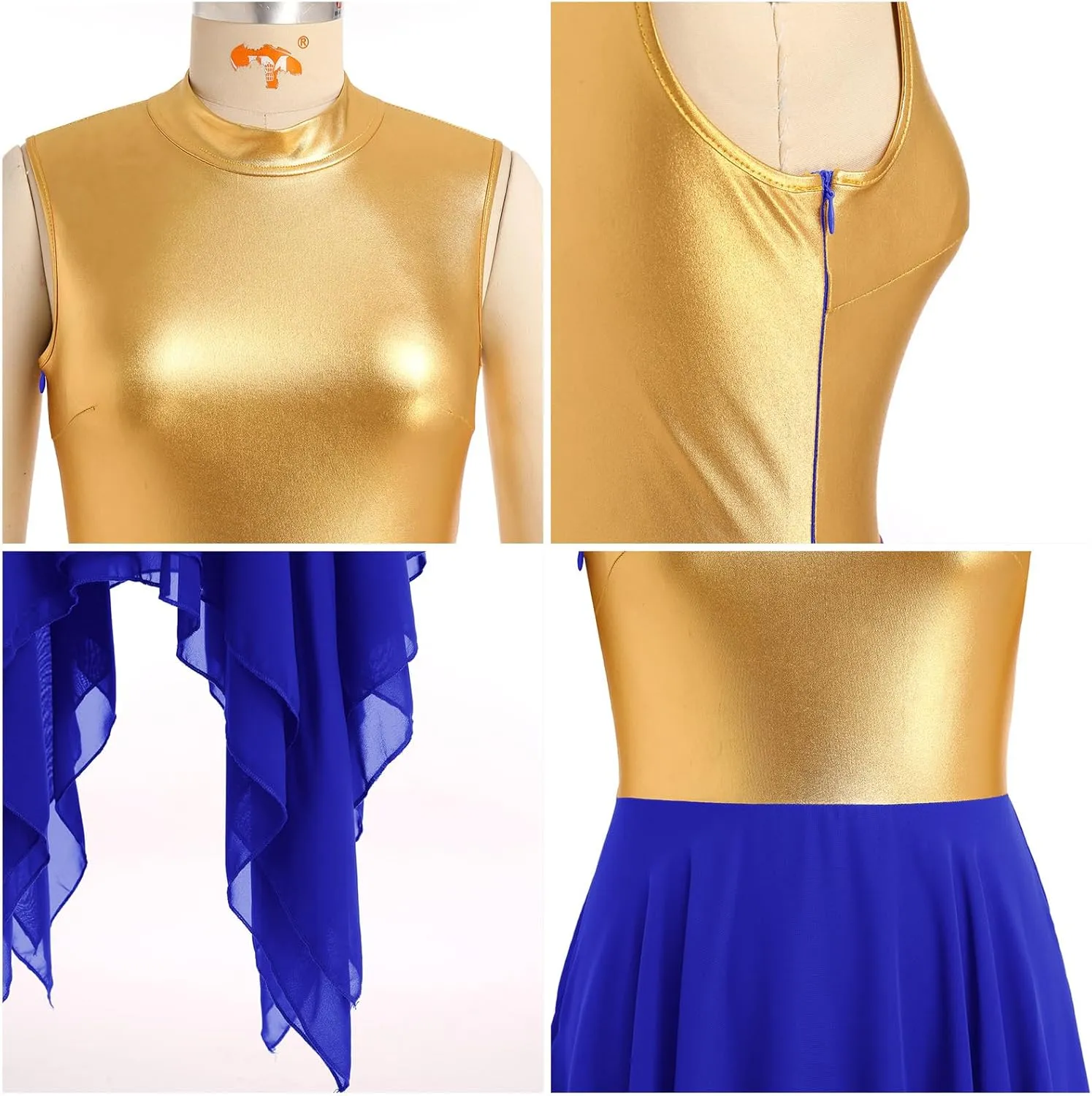 IBAKOM Praise Dance Dress for Women Gold Metallic Chiffon Asymmetric Skirt Lyrical Contemporary Dance Liturgical Overlays