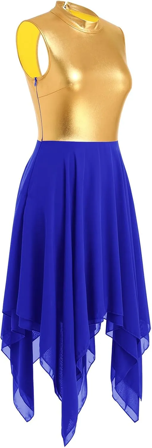 IBAKOM Praise Dance Dress for Women Gold Metallic Chiffon Asymmetric Skirt Lyrical Contemporary Dance Liturgical Overlays