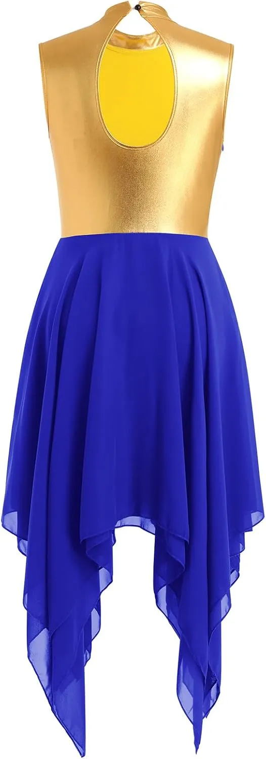 IBAKOM Praise Dance Dress for Women Gold Metallic Chiffon Asymmetric Skirt Lyrical Contemporary Dance Liturgical Overlays