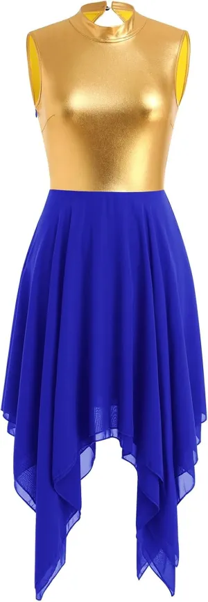 IBAKOM Praise Dance Dress for Women Gold Metallic Chiffon Asymmetric Skirt Lyrical Contemporary Dance Liturgical Overlays