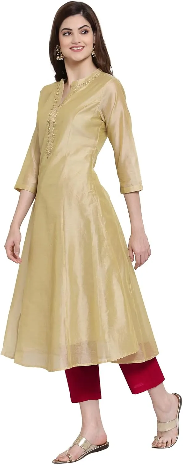Indian Chanderi Silk Beige Golden Anarkali Kurta for Women | 3/4 Sleeves, Round Neck, Ankle Length | Single Kurta