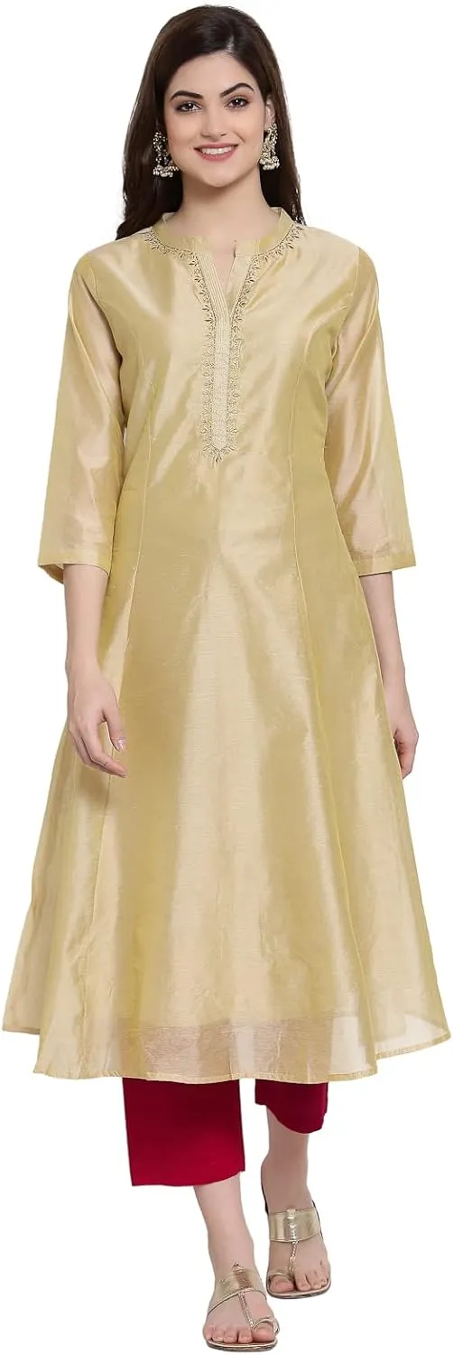 Indian Chanderi Silk Beige Golden Anarkali Kurta for Women | 3/4 Sleeves, Round Neck, Ankle Length | Single Kurta
