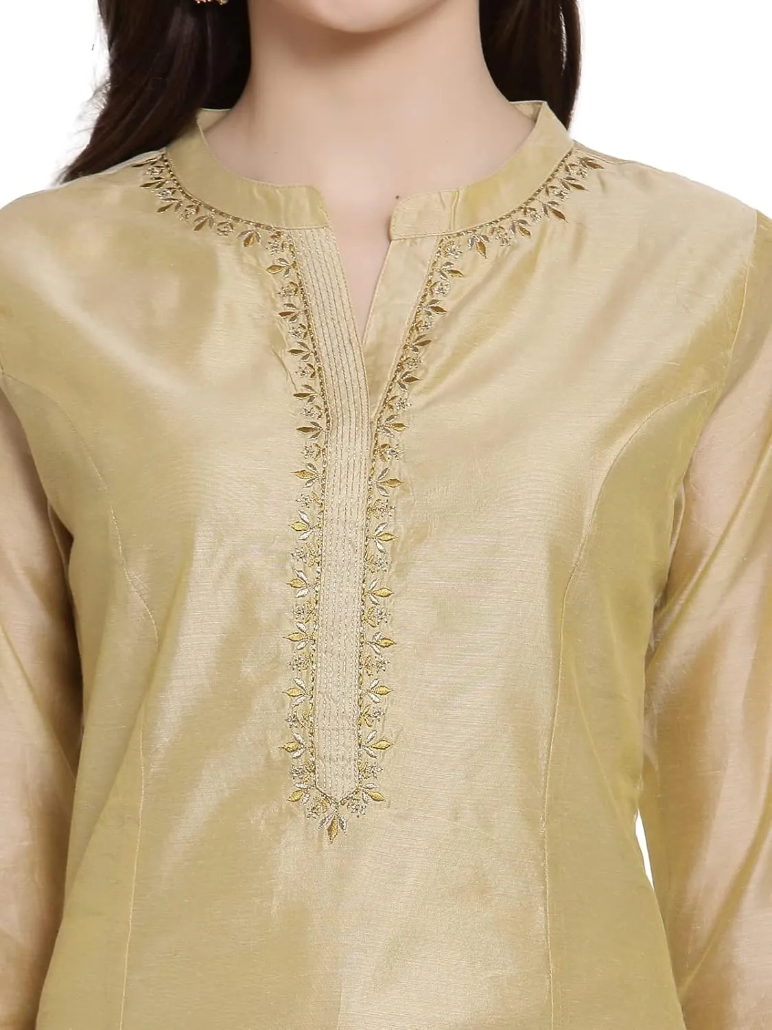 Indian Chanderi Silk Beige Golden Anarkali Kurta for Women | 3/4 Sleeves, Round Neck, Ankle Length | Single Kurta