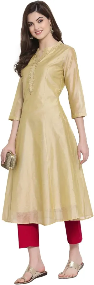 Indian Chanderi Silk Beige Golden Anarkali Kurta for Women | 3/4 Sleeves, Round Neck, Ankle Length | Single Kurta