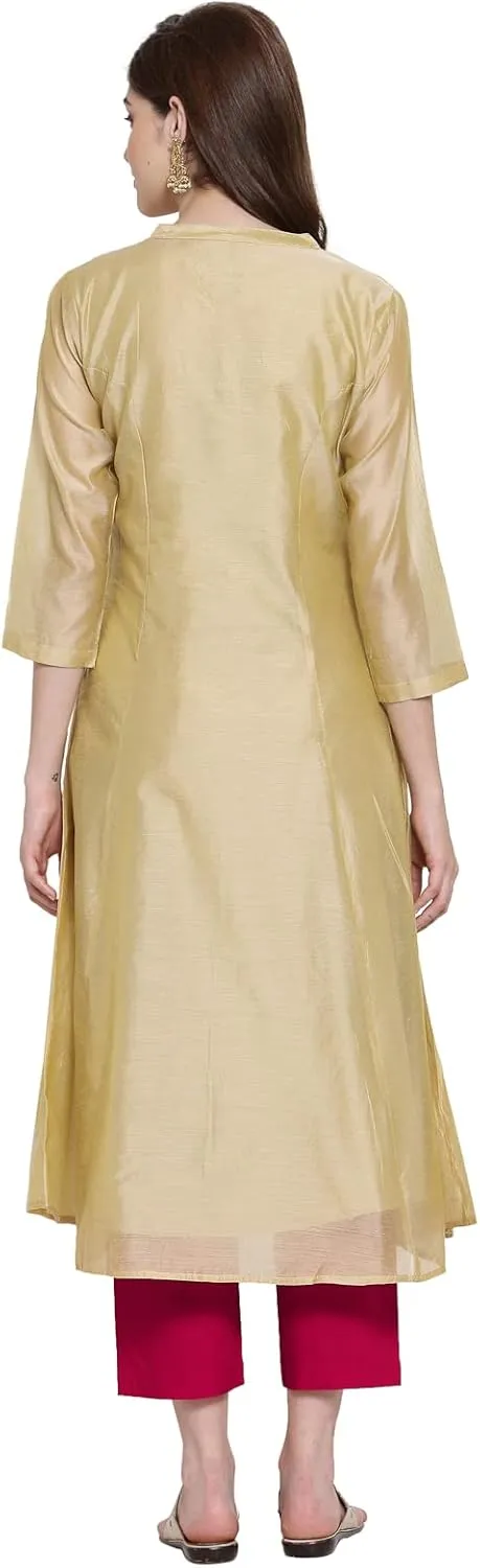 Indian Chanderi Silk Beige Golden Anarkali Kurta for Women | 3/4 Sleeves, Round Neck, Ankle Length | Single Kurta