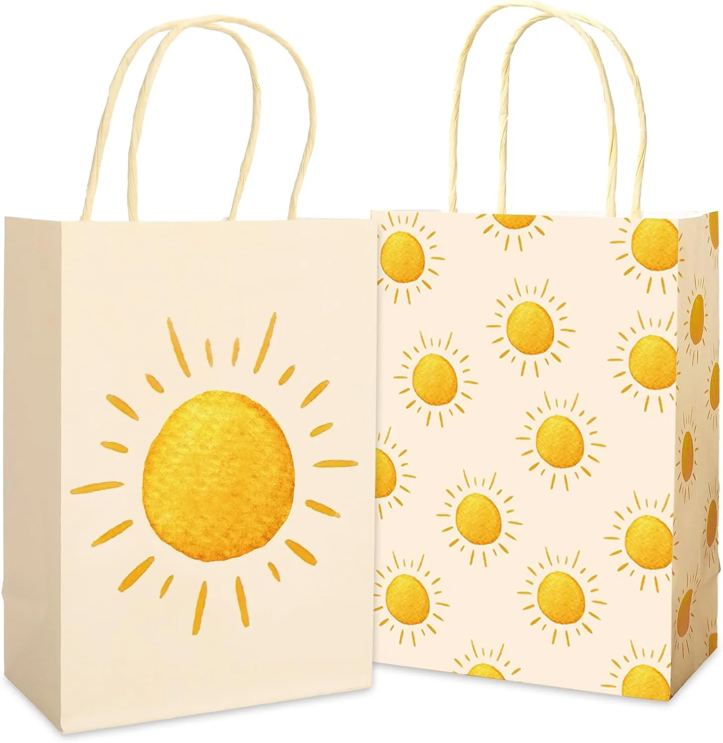 JarThenaAMCS 24Pcs Boho Sunshine Paper Gift Bags First Trip Around The Sun Treat Bags with Handles Light Yellow Candy Goodie Bags Grocery Shopping Bags for Baby Shower Party