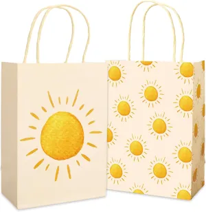 JarThenaAMCS 24Pcs Boho Sunshine Paper Gift Bags First Trip Around The Sun Treat Bags with Handles Light Yellow Candy Goodie Bags Grocery Shopping Bags for Baby Shower Party