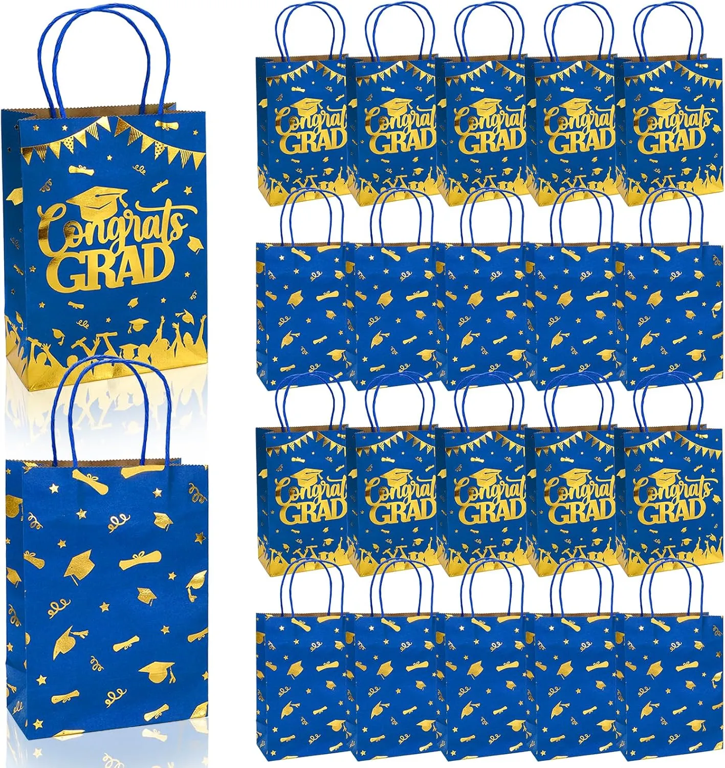 JarThenaAMCS 24Pcs Graduation Party Favor Gift Bags with Handles Class of 2025 Congrats Grad Treat Candy Goodie Bags for College High School Party Favors Supplies, 8.3 x 5.9 x 3.1 Inches(Blue Gold)