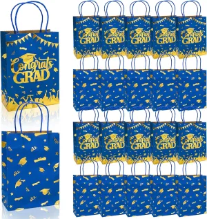 JarThenaAMCS 24Pcs Graduation Party Favor Gift Bags with Handles Class of 2025 Congrats Grad Treat Candy Goodie Bags for College High School Party Favors Supplies, 8.3 x 5.9 x 3.1 Inches(Blue Gold)