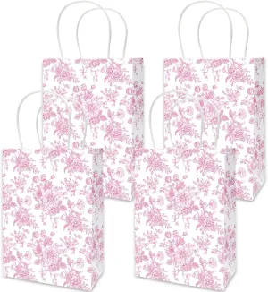 JarThenaAMCS 24Pcs Pink Floral Paper Bags Vintage Flower Treat Bags with Handles Chinoiserie Candy Goodie Bags Grocery Shopping Bags for Birthday Wedding Party Favors Supplies