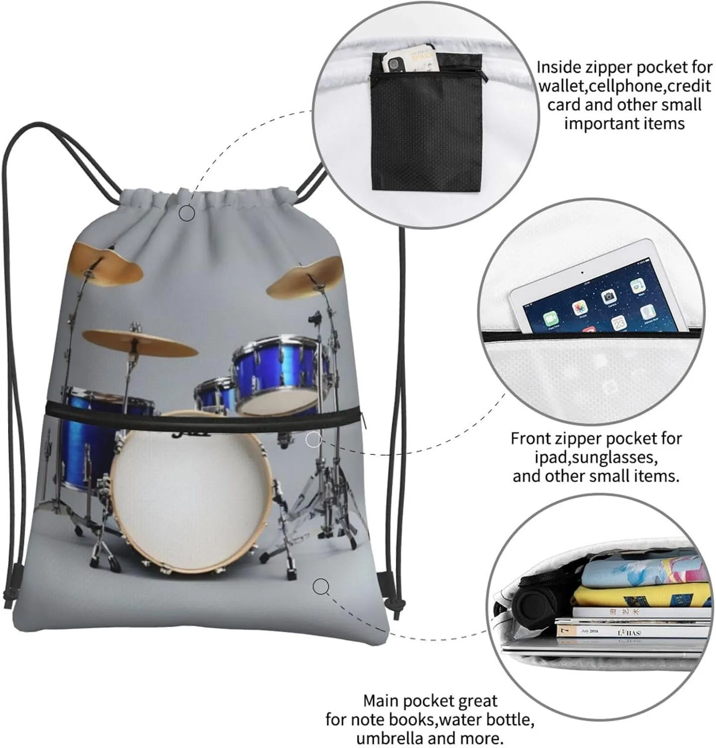 Jazz Drum Drawstring Backpack String Cinch Bag For Fitness Workout, Daily Commute, Travel