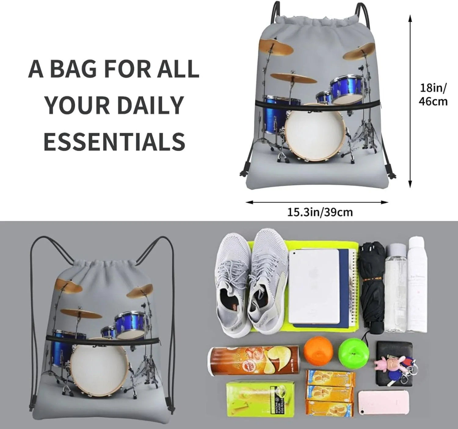 Jazz Drum Drawstring Backpack String Cinch Bag For Fitness Workout, Daily Commute, Travel