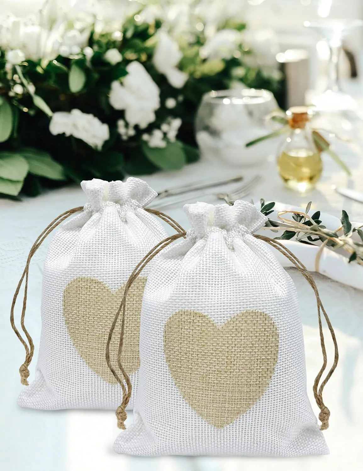 Jexila 24PCS Mother's Day Heart Burlap Gift Bag with Drawstring 5X7 Inches Linen Jewelry Pouch Fabric Cloth Candy Goodie Bag for Wedding Shower Party Favor,Coffee,DIY Craft Bag