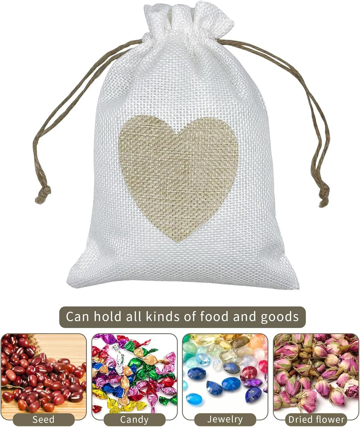 Jexila 24PCS Mother's Day Heart Burlap Gift Bag with Drawstring 5X7 Inches Linen Jewelry Pouch Fabric Cloth Candy Goodie Bag for Wedding Shower Party Favor,Coffee,DIY Craft Bag