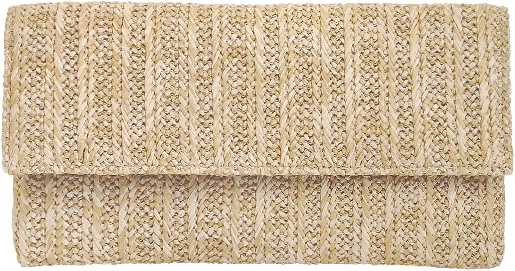 JNB Natural Straw Flat Clutch, Natural Medium
