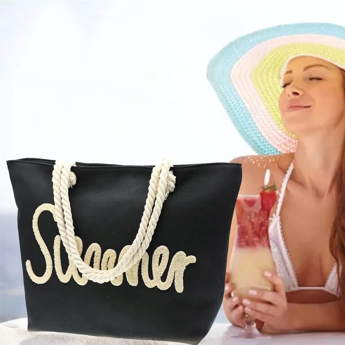 JNF Beach Bags for Women Summer Large Beach Tote Bags Hand Bag Shoulder bag Tote bag with Zipper