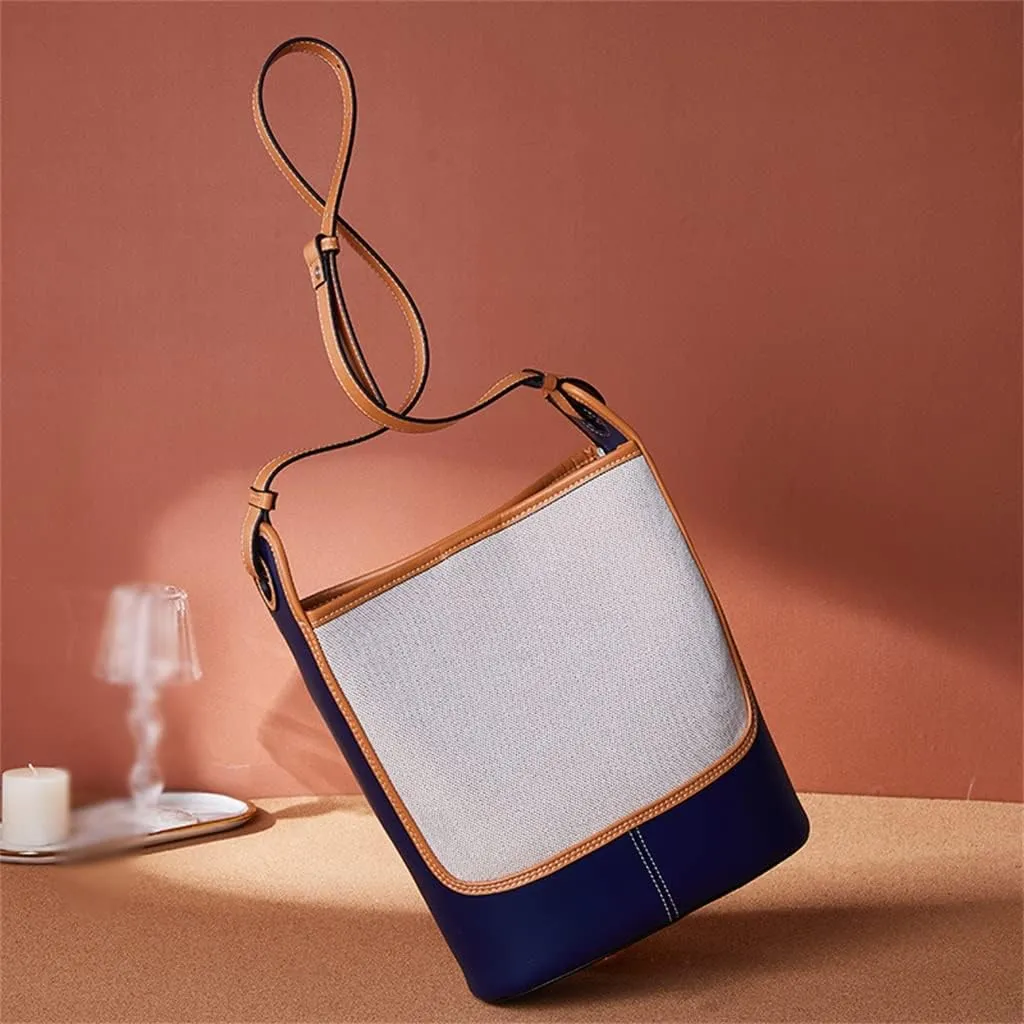 JSEIAJB Leather Canvas Bucket Bag Female Autumn Large Capacity Bag Female Bag Single Shoulder Crossbody Bag