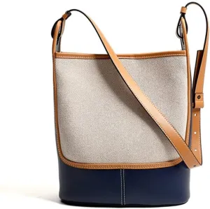 JSEIAJB Leather Canvas Bucket Bag Female Autumn Large Capacity Bag Female Bag Single Shoulder Crossbody Bag