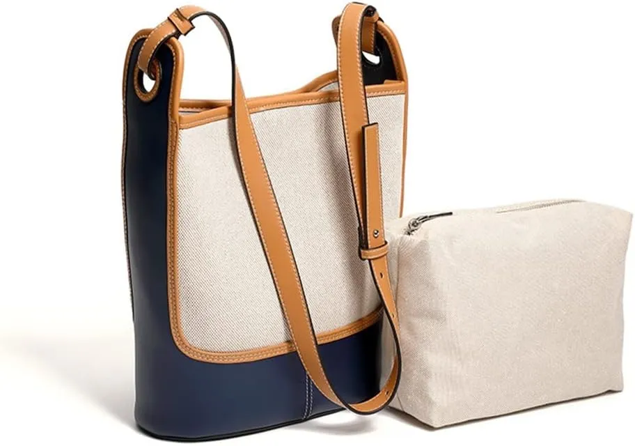 JSEIAJB Leather Canvas Bucket Bag Female Autumn Large Capacity Bag Female Bag Single Shoulder Crossbody Bag