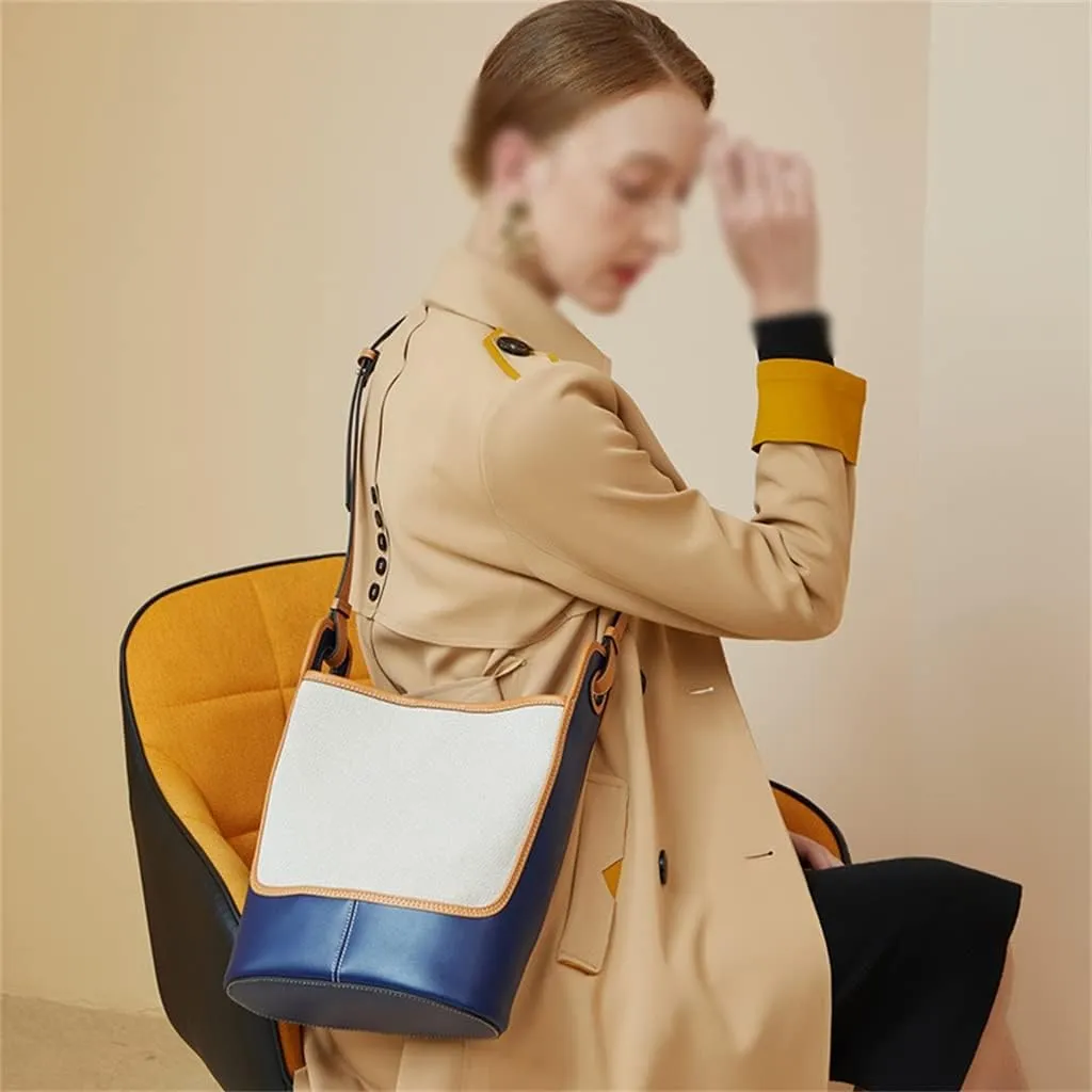 JSEIAJB Leather Canvas Bucket Bag Female Autumn Large Capacity Bag Female Bag Single Shoulder Crossbody Bag