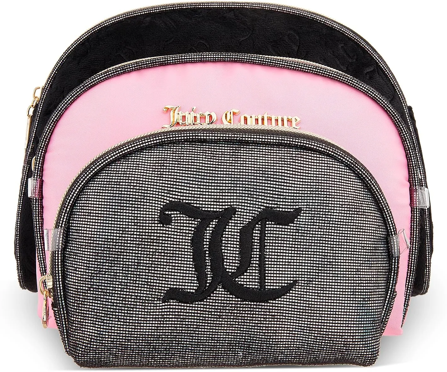 Juicy Couture Women's Toiletries Kit Set - Mixed Trio Travel Makeup and Cosmetics Large Bag, Clutch, Coin Purse, Size One Size, Black, Pink, and Silver
